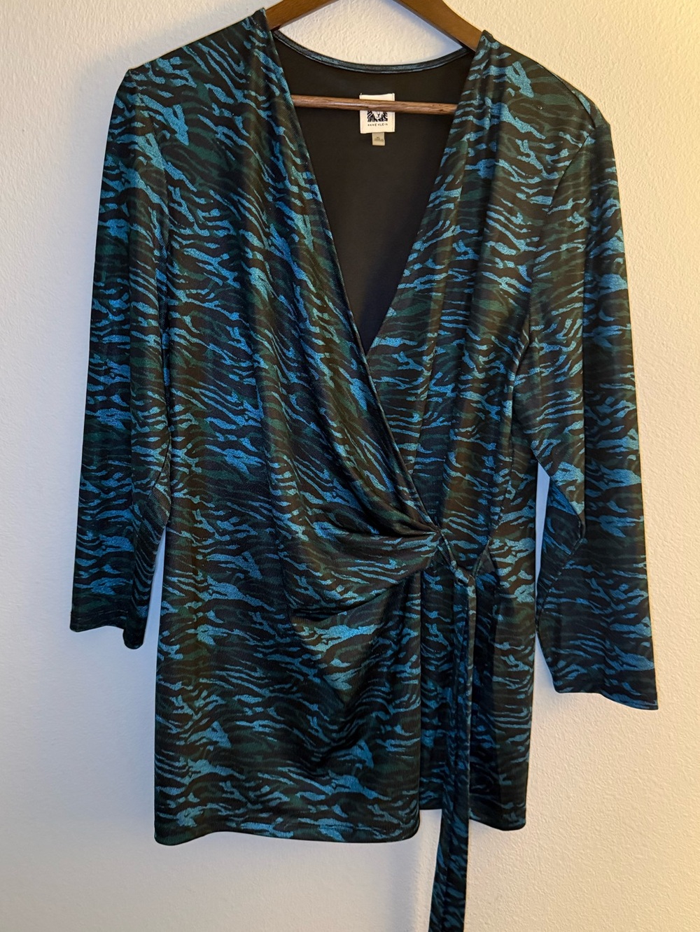 Anne Klein Teal and Black Animal-Print Wrap Top